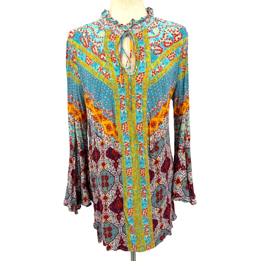 Umgee Womens Top M Muticolor Boho Peasant Bell Sleeve Patchwork Festival Cottage